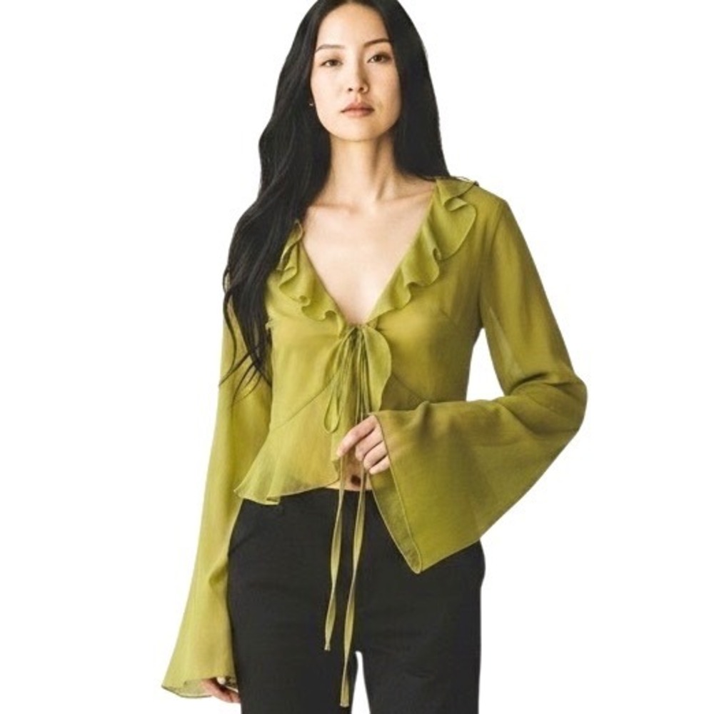 Flowy Ruffle Tie Front Blouse Sheer Green V-Neck‎ Fairycore Y2K Whimsigoth M